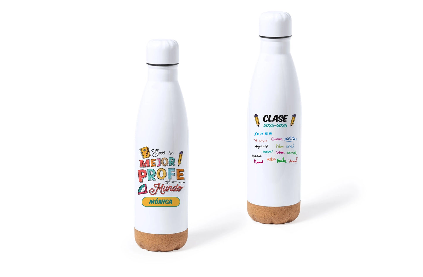 Botella personalizada para profesora con nombres de alumnos