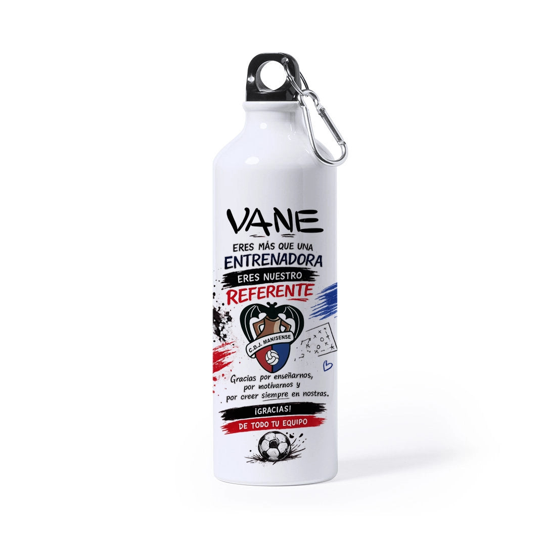 Botella personalizada para entrenador/a de fútbol | Regalo original con nombre y escudo del equipo